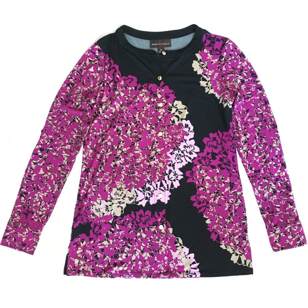 Dana Buchman Purple Floral Long Sleeve Stretch Blouse